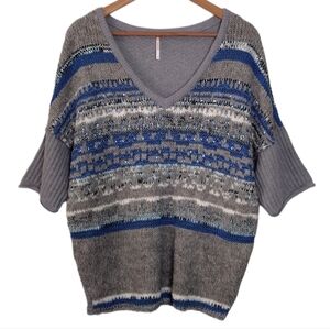 Free People Fair Isle Sequin Knit Wool Cotton Linen V-Neck Sweater Sz S